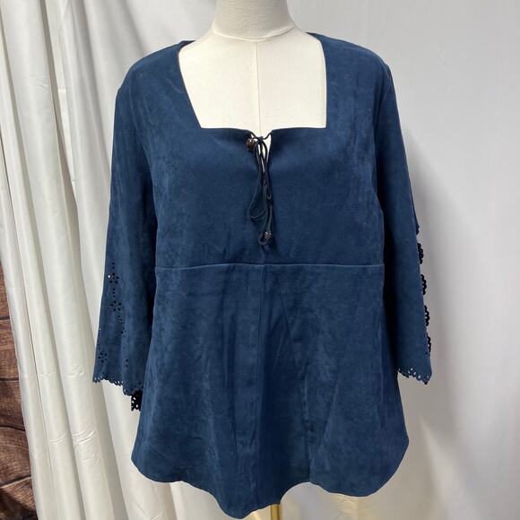 Vintage Romans Faux Suede Blue Top Womens 16W Eyelet Bell Sleeve Western Boho - Picture 2 of 12